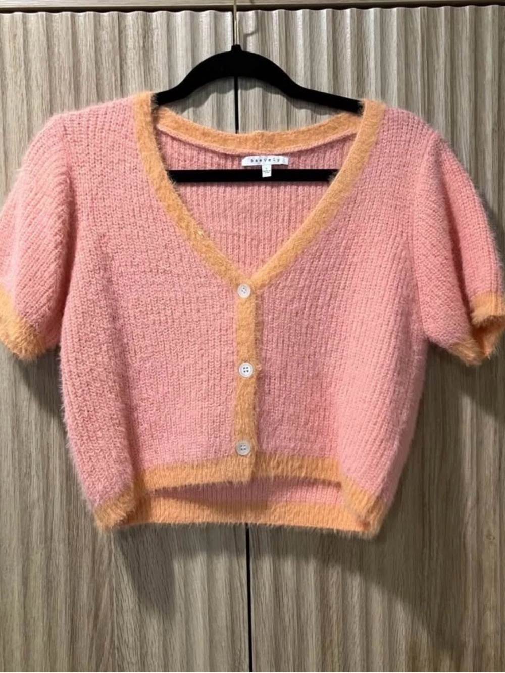 Short-Sleeve Fuzzy Cardigan in Pink with Peach Trim